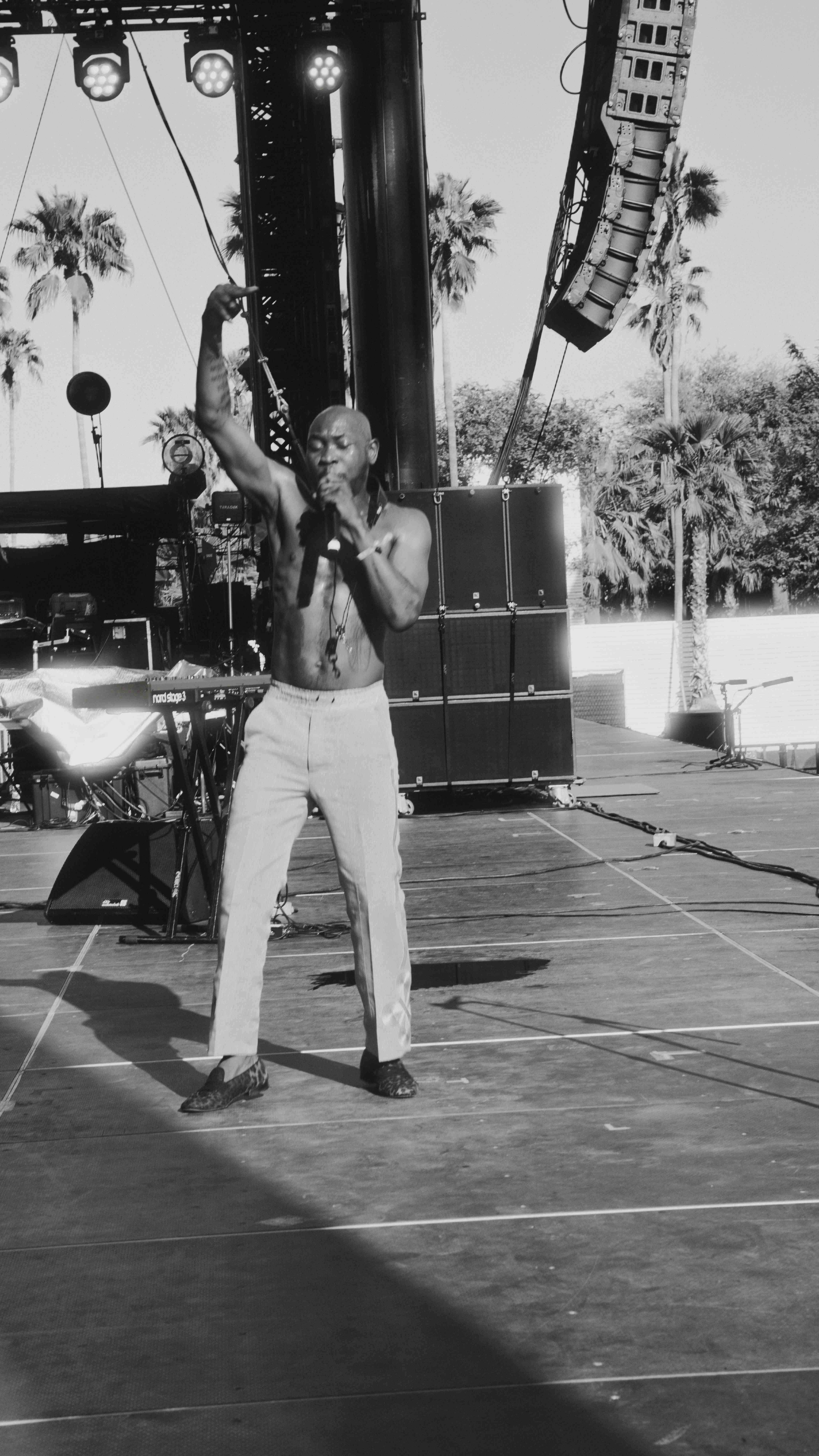 Black and white photo of a performer